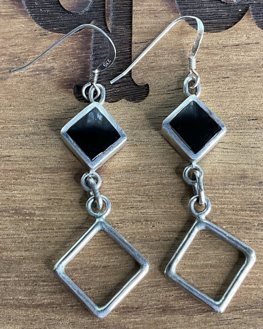 Vintage VC Sterling Silver Black Onyx Square Open Geometric Dangle Drop Earrings